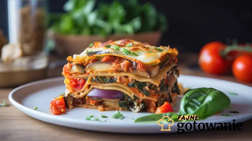 Lasagne ze szpinakiem i pomidorami Szpinakowa lasagne na białym talerzu