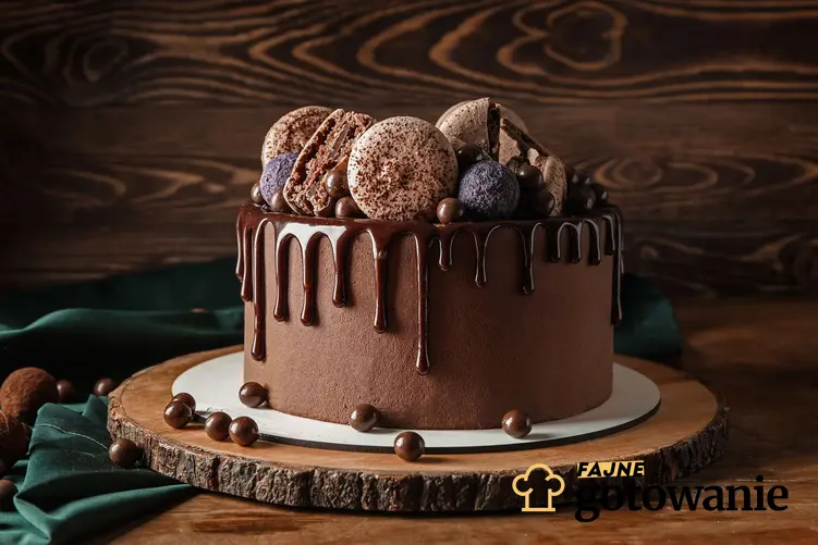 Ciasto gargamel udekorowane czekoladą podane na drewnianej podkładce.