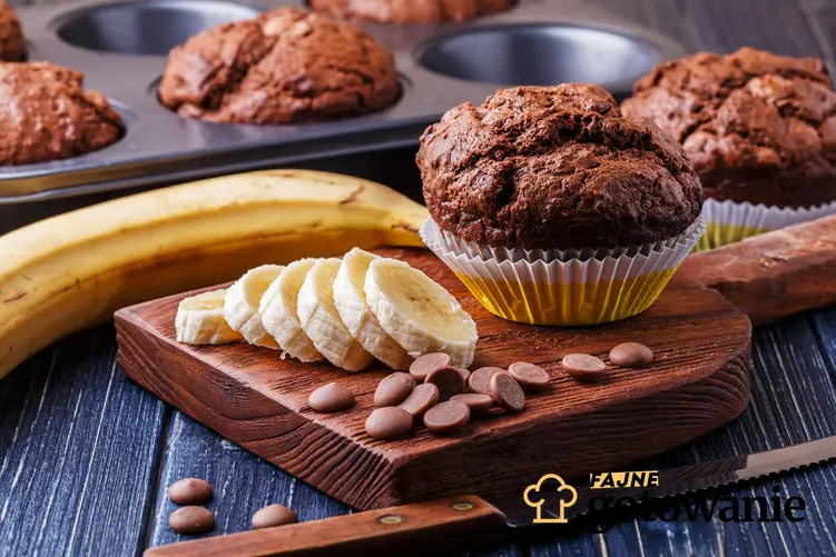 Babeczki czekoladowo bananowe podane w papilotkach do pieczenia muffinek na desce do krojenia. Dookoła leżą czekoladowe pastylki oraz świeże banany.
