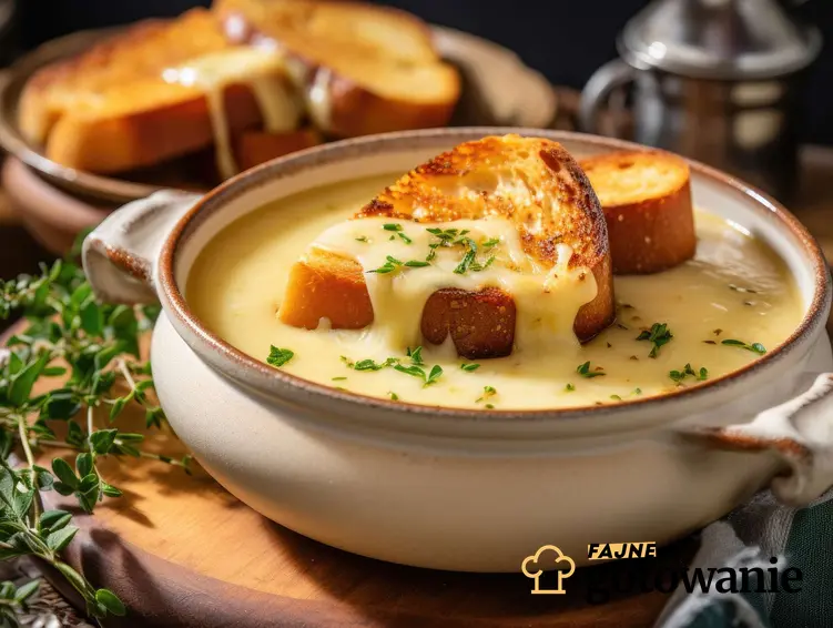 zupa cebulowo serowa podana w miseczce z grzanką.