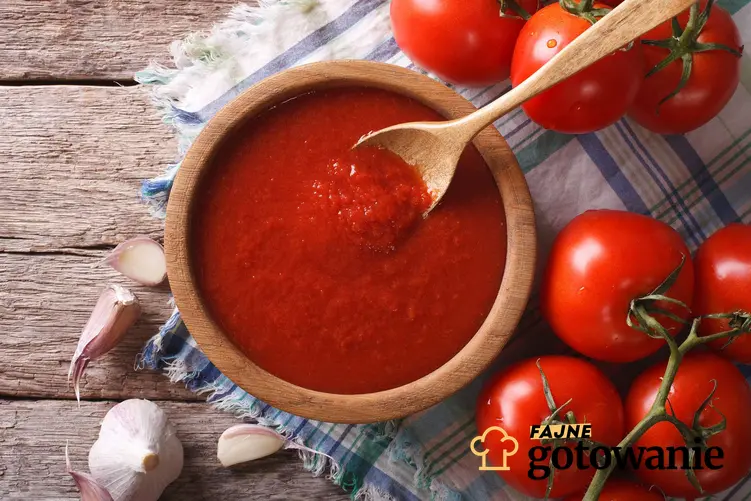 Domowy ketchup znajduje się w drewnianej miseczce. Obok leżą pomidory i czosnek.
