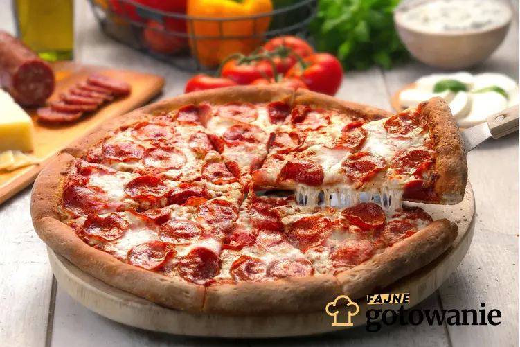 Upieczona pizza wiejska leży na drewnianej desce. Z tyłu leży pokrojona kiełbasa i żółty ser. Obok znajdują się pomidorki koktajlowe, ser mozzarella na talerzu i papryka w koszyku.