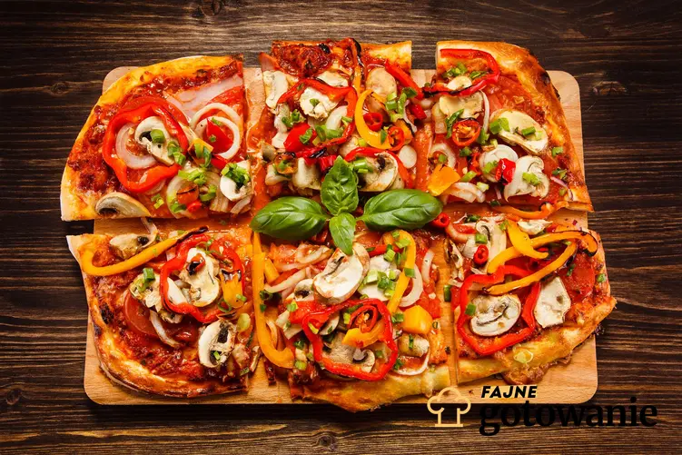 Upieczona vege pizza o prostokątnym kształcie znajduje się na drewnianym blacie.