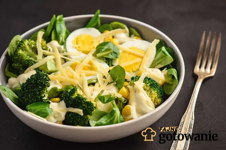 Sałatka z brokułami i jajkiem i słonecznikiem podana na eleganckim talerzu.